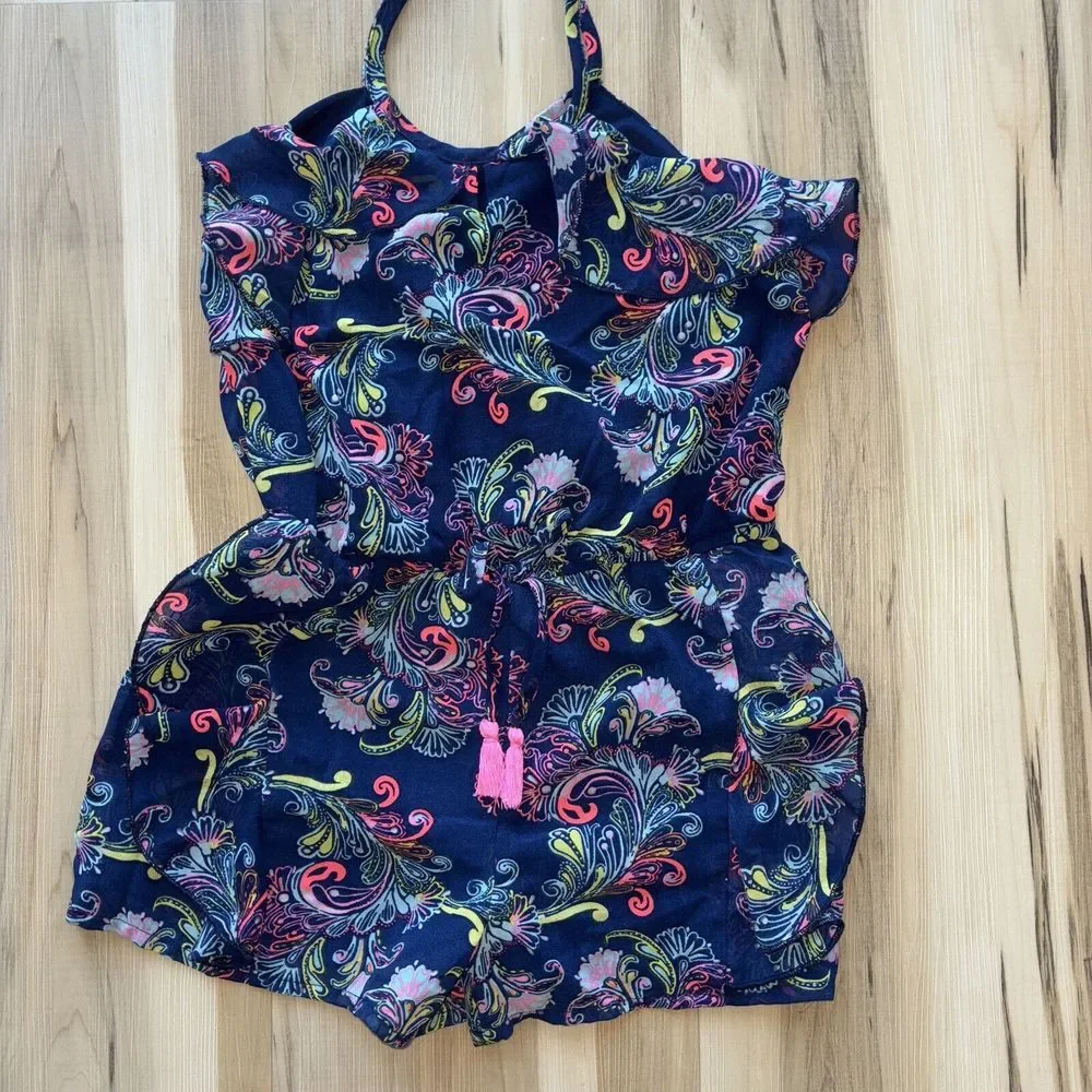 JAPNA KIDS GIRLS 8‎ ROMPER Blue Floral Paisley Ruffle Jumpsuit